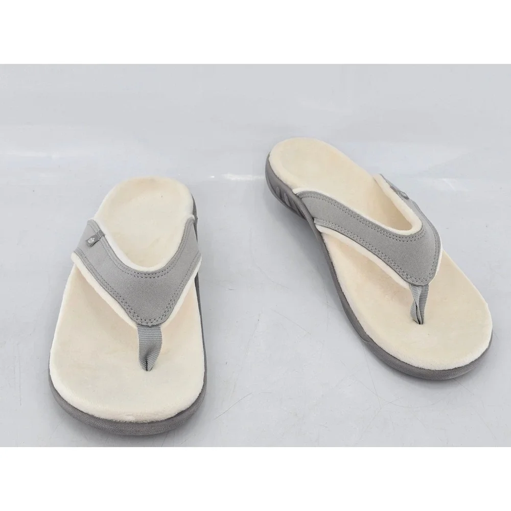 Spenco Yumi Plush Thong Sandals Womens 10 Grey Faux Fur Orthotic Flip Flops -VG